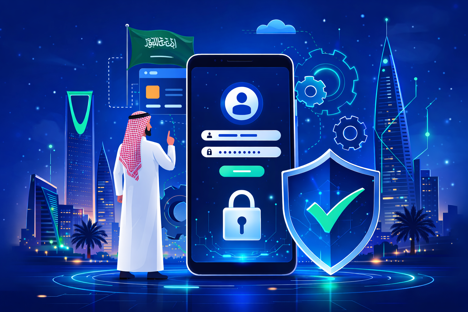 Riyadh digital transformation and AI security services with Saudi professional using secure app login
